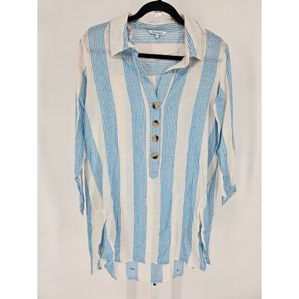 Blue Island Womens Sz S Tunic Length Beachy Top Blue White Striped Coverup